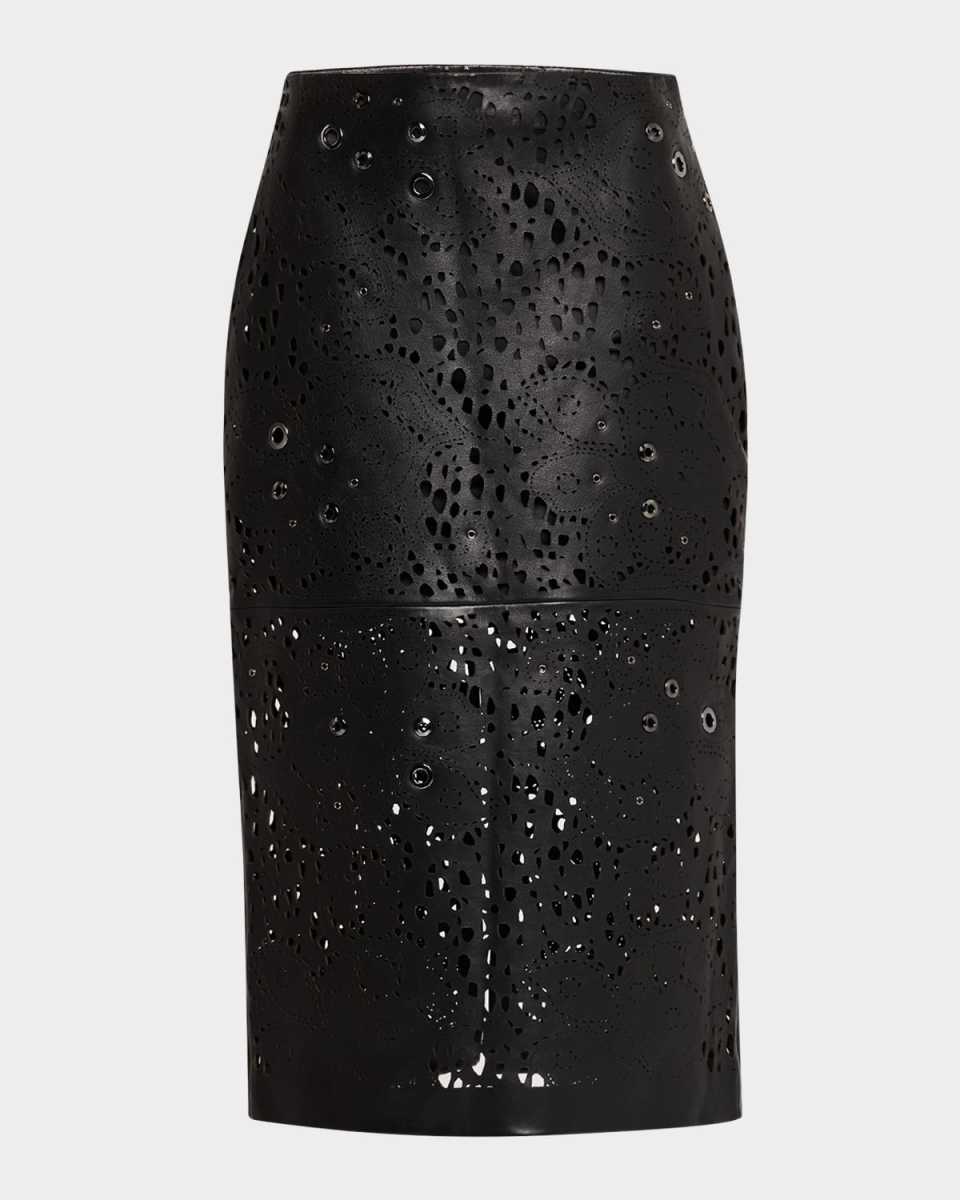 Lace Lasercut Leather Embellished Midi Skirt